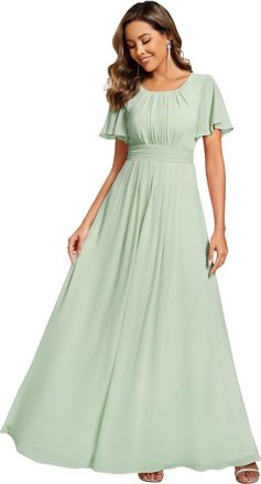 Ever-pretty Simple Chiffon Pleated A-Line Round Neckline Maxi Bridesmaid Dress Mint Green 16UK