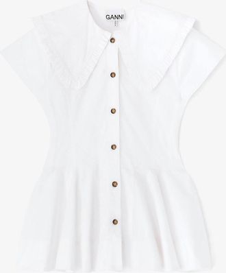 Ganni White Short Cotton Ruffle Shirt - Size 10/12 Organic