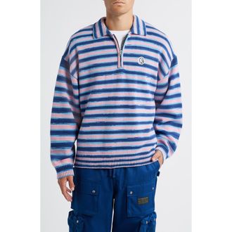 Billionaire Boys Club Curve Stripe Cotton Quarter Zip Graphic Sweater in Navy Peony at Nordstrom Rack, Size Xx-Large