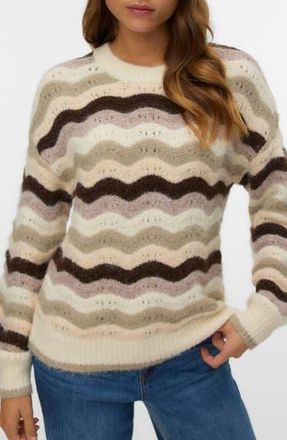 Vero Moda Scallop Open Knit Sweater in Birch Stripes at Nordstrom Rack, Size X-Large