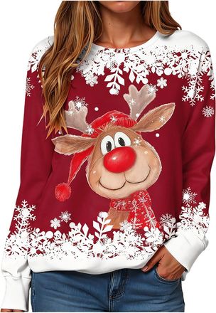 Generic Christmas Sweatshirt For Women Cute Reindeer Print Sweatshirt Ladies Christmas Jumpers Loose Funny Xmas Jumpers Long Sleeve Crewneck Shirt Ladies Fash