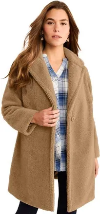 Roaman's Plus Size Mid Length Teddy Faux Fur Coat in Soft Camel at Nordstrom, Size 20