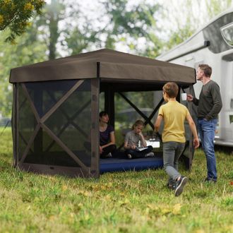 OUTSUNNY 3 x 3(m) Hexagon Pop Up Gazebo with 5 Sides, Netting in Brown