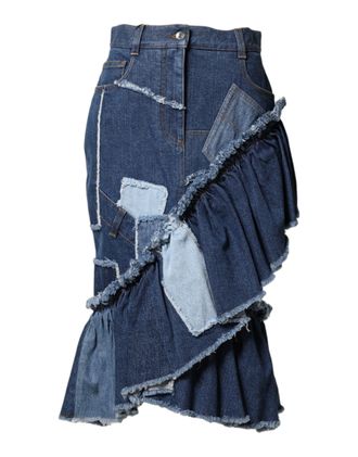 Dolce & Gabbana Blue Patchwork Layered Denim Midi Womens Skirt