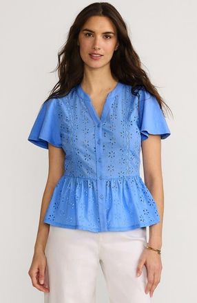Lands End Short Sleeve Mixed Media Eyelet Top in Crisp Blue at Nordstrom, Size X-Large