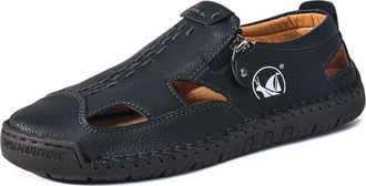 Generic 2026 Mens Hand Stitching Outdoor Closed Toe Leather Sandals, Adjustable Heel Strap Slip on Sandals Beach Slippers Shoes (Black, 4.5)