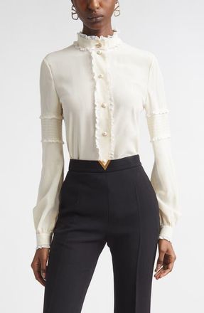 Valentino Lace Ruffle Silk Cr&ecirc;pe de Chine Button-Up Shirt in Vanilla at Nordstrom, Size 10 Us