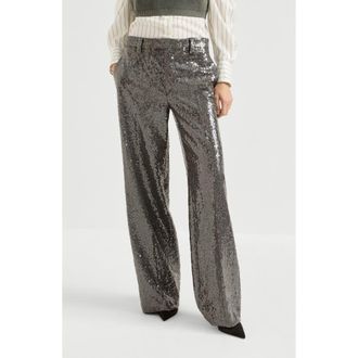 Brunello Cucinelli Dazzling texture embroidery loose flared trousers in virgin wool flannel in Dark Grey at Nordstrom, Size 46