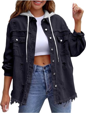Generic Hooded Denim Jackets Women Long Sleeve Button Down Jean Jackets Casual Loose Shirts Ripped Distressed Western Boyfriend Coats Oversized Frayed Hem Fal