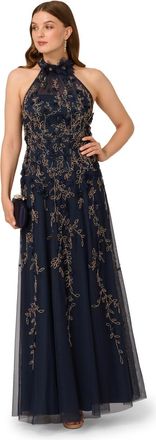 Adrianna Papell Womens Beaded Petal Long Dress - Blue - Size 12 UK