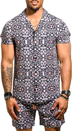 Maceoo Beachtiles Black Short Sleeve Cotton Button-Up Shirt at Nordstrom, Size Xxx-Large