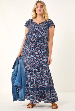 Roman Floral Print Swing Midi Dress