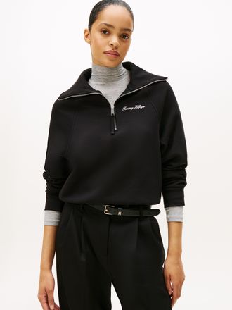 Tommy Hilfiger Sweatshirt TOMMY HILFIGER CLASSIC SCRIPT FLEECE HALF-ZIP, Damen, Gr. XXL (44), schwarz, Sweatware, Obermaterial: 77% Baumwolle, 23% Polyester, unifarb