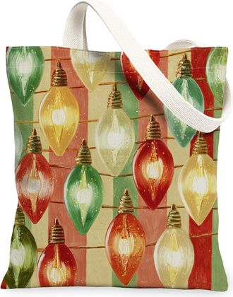 Generic Vintage Festive Canvas Tote Bags, Christmas Lights Pattern Reusable Grocery Bags, Lightweight Washable Shoulder Strap for H, Multicolor, 13x15 Inch
