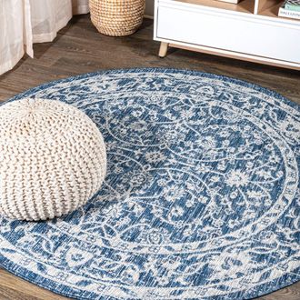 Jonathan Y Designs Palazzo Vine and Border Textured Weave Indoor/Outdoor Round Area Rug in Navy/gray at Nordstrom, Size 5Ft 0In X 5Ft 0In
