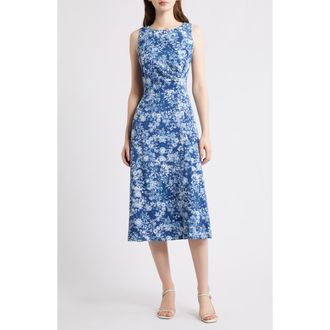 Connected Floral Pleat Waist Sleeveless Midi Dress in Demin at Nordstrom, Size 14