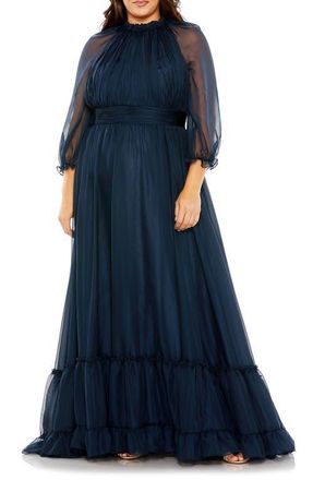 Mac Duggal High-Neck Chiffon Dress with Puff Sleeves and Ruffle Tiered Skirt in Midnight at Nordstrom, Size 14W