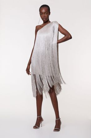 Karen Millen Womens Figure Form Bandage One Shoulder Fringe Mini Knit Dress - Silver - Size X-Small