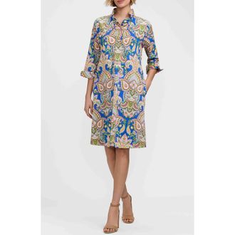 Foxcroft Tammy Three-Quarter Sleeve Cotton Dress in Blue/Multi at Nordstrom, Size X-Large