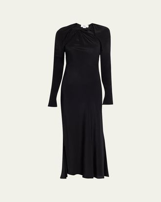 Victoria Beckham Gathered Satin Chain Necklace Long-Sleeve Maxi Dress