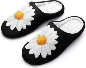 Generic White Daisy Flower Mens House Slippers Memory Foam Washable Cotton Slip on Home Shoes