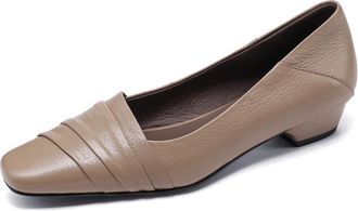TinaCus Handmade Womens Genuine Leather Pleated Simply Square Toe Slip On Flats Shoes, Khaki, 5.5 UK