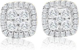 Pompeii3 1Ct T. W. Pave Diamond Cushion Halo Studs 10k Yellow Gold Lab Grown Earrings
