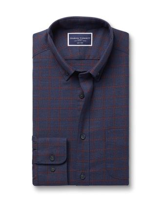 CHARLES TYRWHITT Non-Iron Twill Check Cotton Shirt - Heather Blue & Red Size Large by Charles Tyrwhitt