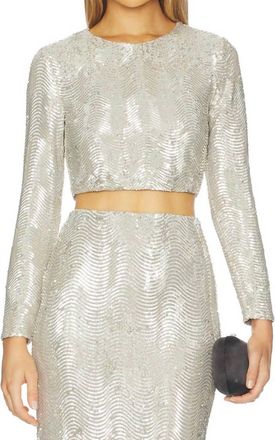 L'agence Rogan Crop Long Sleeve Top In Silver Sequin Swirl
