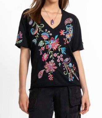 Johnny Was Raw Hem V Neck Tee In Black
