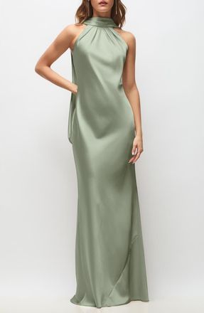 After Six Anais Scarf Neck Satin Charmeuse Gown in Sage at Nordstrom, Size Xx-Large