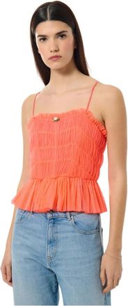 Manoush Prachtige Nylon Gerimpelde Gestikte Jurk - Dames - Tops zonder mouwen - Oranje - M - Nylon - Tops