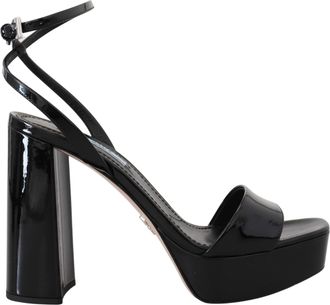 Prada Black Patent Sandals Ankle Strap Heels Womens Leather
