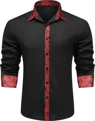 AlltheMen Mens Inner Contrast Shirt Long Sleeve Business Casual Shirt Regular Fit Button Down Wedding Party Black Red XXL