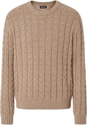 Ermenegildo Zegna Pullover met kabelpatroon - Heren - Ronde hals truien - Beige - XL - Linnen - Truien & Vesten