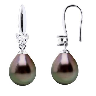 Ateliers Saint Germain Womens Earrings Silver 925 & Cubic Zirconia - 2 Real Cultured Tahiti Pearls Pear 8-9 mm - Black - One Size