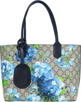 Gucci Beige Blue Navy Gg Supreme Canvas Leather Tote Bag (Pre-Owned)