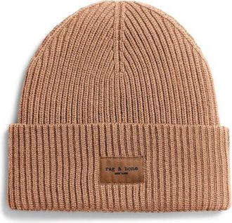 Rag & Bone Blake Logo Patch Wool Blend Rib Beanie in Camel at Nordstrom