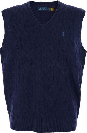 Polo Ralph Lauren Blue Vest With V Neck And Pony Embroidery On The Front In Wool And Cashmere Man