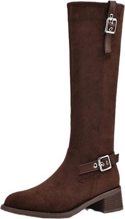 Generic Womens Knee High Boots With Double Metal Buckles Soft Suede Like Fabric Nonslip Wear Resistant Block Heel Side Zipper For Daily Commute Casual,Brown,5