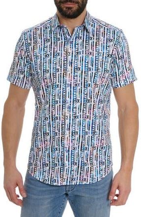 Robert Graham Geo Stripe Print Short Sleeve Shirt in Blue at Nordstrom Rack, Size Xxx-Large