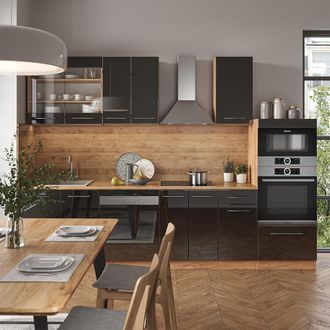 Vicco Mueble De Cocina Fame-line, Antracita Brillo Intenso/roble Dorado El&eacute;ctrico, 300 Cm Con Armario Alto, Sin Encimera