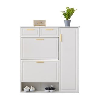 STILVORA Zapatero Con 2 Cajones, 2 Puertas, Estantes Ajustables Y Compartimentos Abiertos, De Tablero De Part&iacute;culas, Blanco, 95&times;24&times;107.5 Cm
