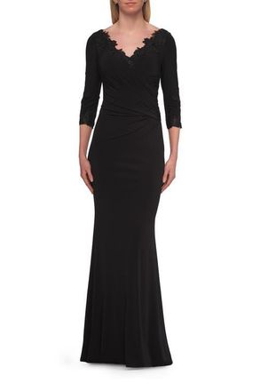 La Femme V-Neck Lace Trim Gown with Three-Quarter Sleeves in Black at Nordstrom, Size 14