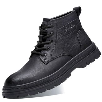 Generic Mens Lace Up Casual Boots Round Toe PU Leather Short Boots Flat Heel Winter Ankle Boots,Black,8.5 UK