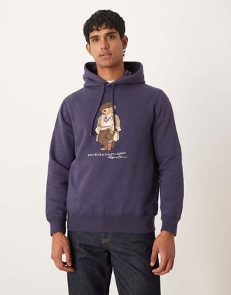 Polo Ralph Lauren Heritage - Felpa con cappuccio in pile blu medio con logo Bear con berretto