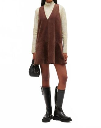 Ganni Seersucker Corduroy V-Neck Mini Dress In Chicory Coffee