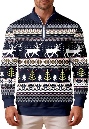 Generic Christmas Jumpers for Men 1/4 Zip Xmas Tree Printed Pullover Sweatshirt Long Sleeve Stand Collar Funny Xmas Jumper Reindeer Snowflakes Plus Size Ugly 