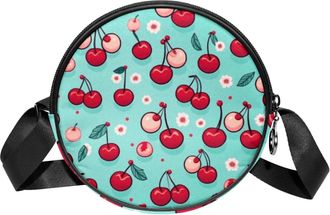 Generic Circle Crossbody Bag for Women, Pink Red Cherry Small Sling Bag Daypack with Zipper Adjustable Shoulder Straps Casual Ladies Girls Round Purse