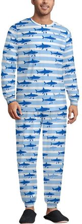 Generic Blue White Striped Sharks Soft Pajama Set Long Sleeve Lounge Sets Comfortable Sleepwear 2 Pjs Nightwear for Men Women
